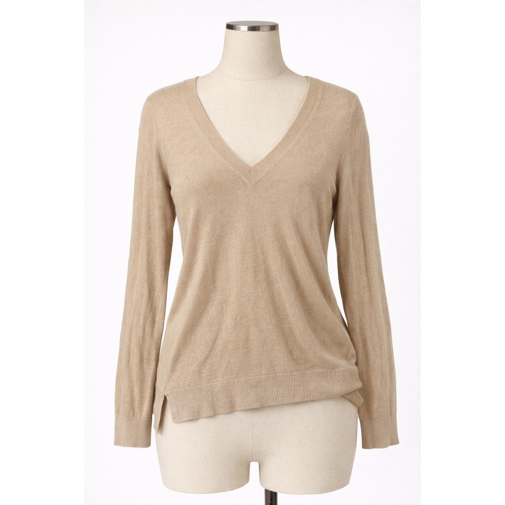 Michael Kors Womens Sweater Tan V-Neck Gold Logo High Low Medium